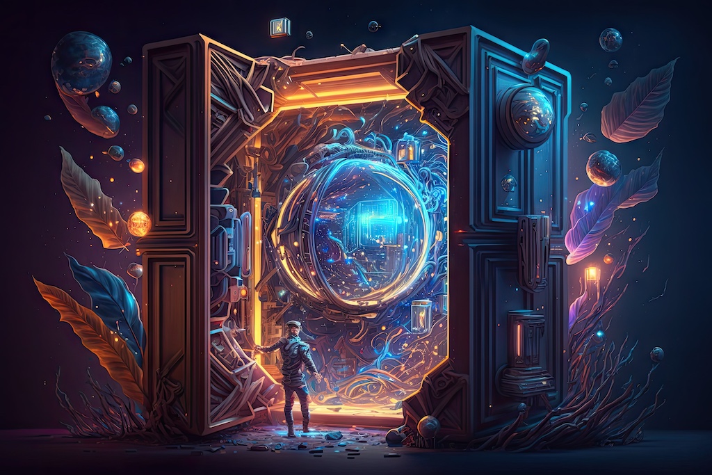 Man opening a stylized, futuristic Pandora's box to show AI and climate change that have been unleashed on the world.